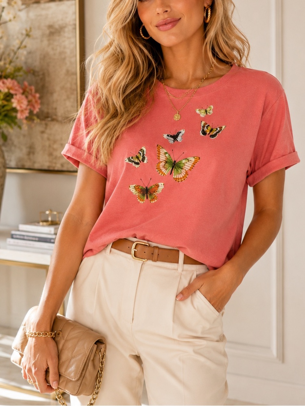 New Jessica Simpson Pink  Light Coral Butterfly Graphic Tee Top S Size